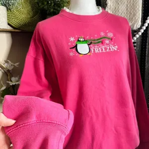 Vintage Christmas Winter Penguin Grannycore Double Crewneck Pink Sweatshirt thumbnail 4