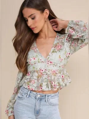Lulu's Mint Floral Lace Peplum mesh Blouse with Pink Accents thumbnail 1