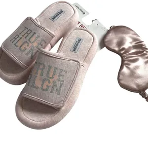 True Religion Women's Pink Plush Open Toe Slippers Large 8-9 Horseshoe Logo thumbnail 3
