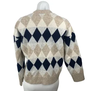 Zizae Women's Beige Argyle Diamond Long Sleeve Button Up Cardigan Sweater Size M thumbnail 4