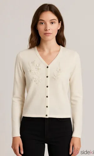 Vintage Free People Snap Cardigan Cream Sz Large Beaded Embellishments Rare Find thumbnail 1