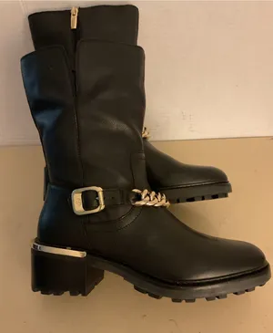 Vince Camuto women Black Leather biker moto Mid-Calf with Gold Chain boots US 8 thumbnail 1