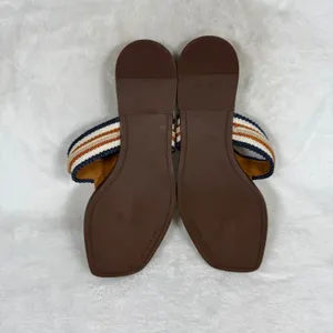 Tory Burch Eleanor Thong Sandal Beige Multi Striped Canvas Gold Chain Flat 5.5 thumbnail 11