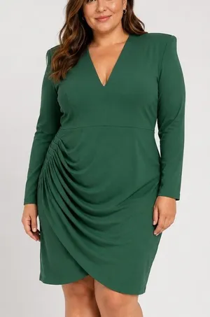 Eloquii Ruched V-Neck Sheath Dress 16 Green Long Sleeve Party Wedding Guest Chic thumbnail 1