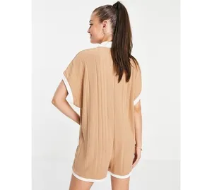 ASOS Design Contrast Collar Oversized Rib Romper In Brown thumbnail 3