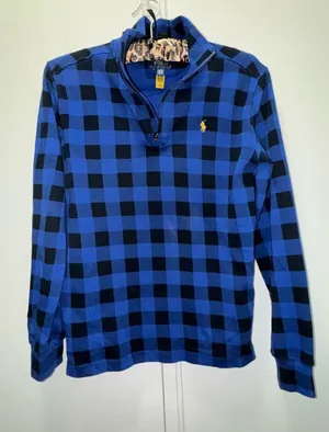$138 Polo Ralph Lauren Blue Plaid Logo Mock Neck 1/4-Zip Sweater Size Small thumbnail 1