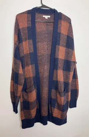 American Eagle Cardigan Women M Blue Orange Excellent Plaid Wool Blend Longline thumbnail 1