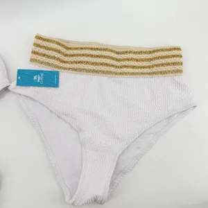 CUPSHE Womens White Smocked Bikini Set Gold Metallic Striped Trim‎ size Med New thumbnail 3