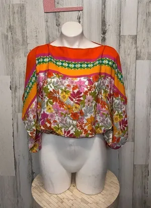 Floral & Ivy Bright Retro Floral Top | Orange Multicolor Balloon Sleeve Blouse – thumbnail 1