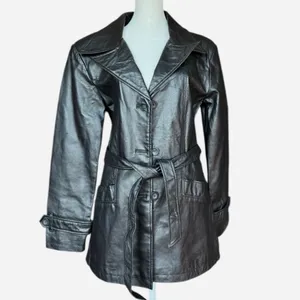 Oscar Piel 100% Leather Belted Button Front Black Coat‎ Jacket Sz M thumbnail 3