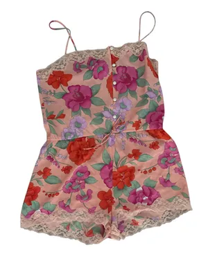 Vintage Floral Satin Lace-Trim Romper - Pink with Red & Purple Flowers thumbnail 1