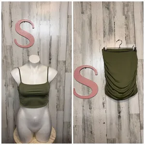 Olive Green Ruched Crop Top & Skirt Set Size Small 2-Piece Matching Outfit thumbnail 2