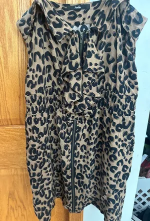 Papaya Leopard Print Ruffle Zip Front Mini Dress Tan Black Smocked Waist Small thumbnail 1
