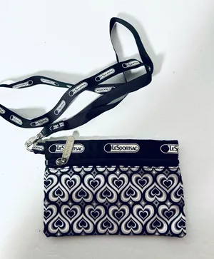 Lesportsac Black & White Heart Motif Crossbody Wristlet Pouch 7”x4.5” - 18” drop thumbnail 1