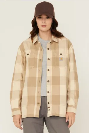 Carhartt Loose Fit Heavyweight Duck Shacket Plaid Oatmeal Size Small thumbnail 1