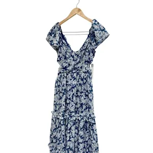 AQUA Blue White Floral Metallic Ruffle Maxi Dress Size Extra Small NWT thumbnail 4