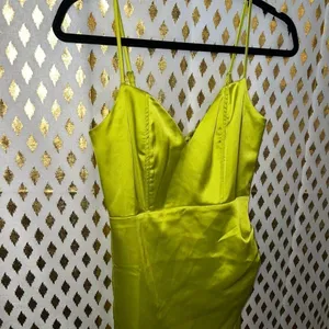 Forever 21 full length gown dress with slit neon green satin silk size XS thumbnail 3