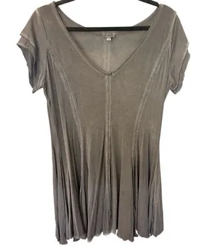 POL NWOT Boho Mineral Gray V-Neck Short Sleeve Stretch Exposed Stitch Mini Dress thumbnail 1