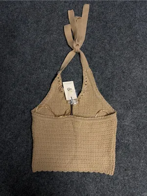 Sincerely Jules Tan Knitted Halter Tank Top with Shell Accent thumbnail 3