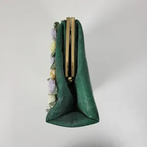 Andé Womens Clutch Bag Green Croc Embossed Pastel Floral Applique Gold Chain thumbnail 14