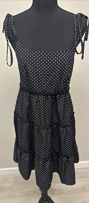 Greath Black White Polka Dot Tiered Midi Dress Tie Strap Womens Medium thumbnail 1