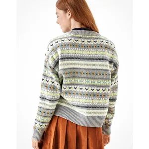 American Eagle Fair Isle Geometric Knit Sweater Grey Yellow Boho Cozy Size M thumbnail 2