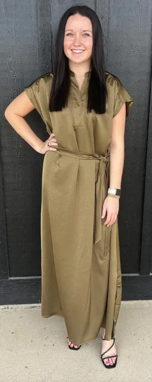 Glam olive green silky tie waist short sleeve maxi dress with side slits thumbnail 1
