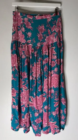 Abel the Label Teal Pink Floral Maxi Skirt High Slit Boho Rayon Womens Size M thumbnail 1