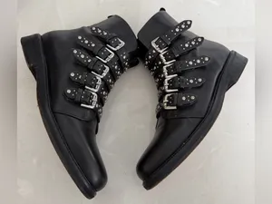 MAJE Leather Biker Boots EU 37: US 6.5 UK 4 Black Studded Buckle Straps Womens thumbnail 4
