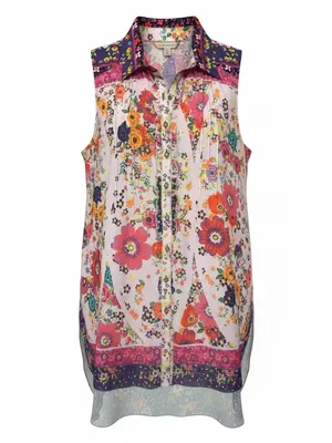 Aratta Silent Journey Mixed Floral Boho Tunic Top Ruffle Placket M Dopamine thumbnail 3