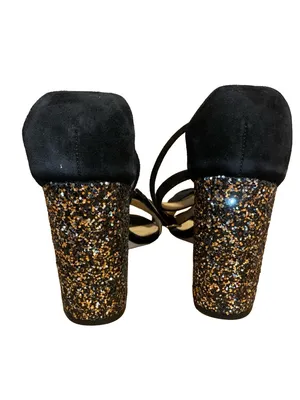 J. Crew Black Suede & Grossgrain Gold & Silver Glitter Block Heel Shoes (8.5) thumbnail 7