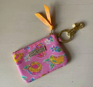 Simply Southern pink and orange peach fruit print gold tone key ring / ID wallet thumbnail 1