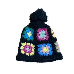 Wild Fable Black Crochet Granny Square Pom Pom Beanie Hat Women‎ One Size thumbnail 2