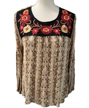 Savanna Jane Boho Floral Embroidered Gold Thread Long Sleeve Fall Blouse Size L thumbnail 1