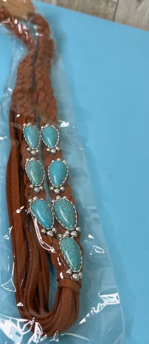 Rustic Couture Braided Tassle with Faux Turquoise Stones in a Silver Tone Concho thumbnail 1