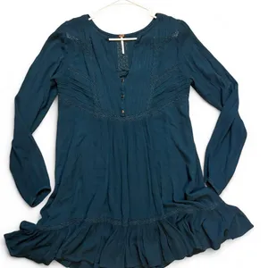 Free People Teal Crochet Lace Ruffle Tunic Mini Dress XS Boho thumbnail 1