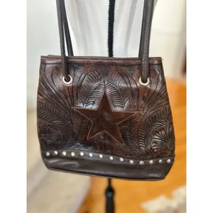 Handmade Vintage 90s Western Brown Tooled Leather Studded Suede Star Shoulder Bag thumbnail 2