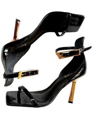 NWOT SCHUTZ Leather Ciara Gold Heel Stiletto Sandals Black Size 8.5 thumbnail 1