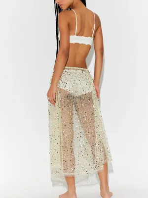 Free People Sequin-Embellished Shine On Midi Slip Skirt in Pale Gold thumbnail 2
