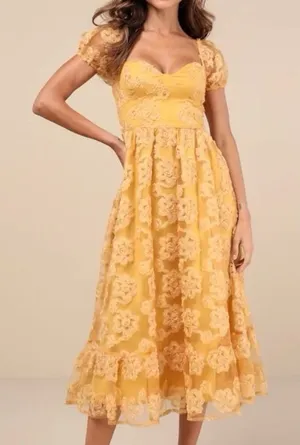 Lulus Notable Elegance Yellow Mesh‎ Floral Bustier Midi Dress Size LARGE Whimsy thumbnail 1