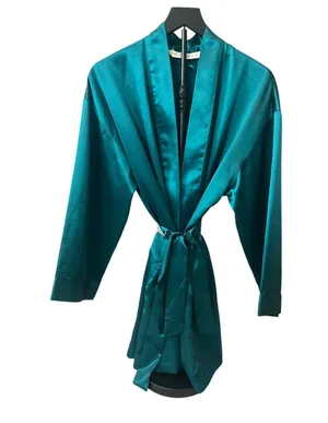 VINTAGE Victoria’s Secret Satin Green Robe short SZ O/S Attached Belt thumbnail 1