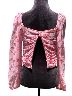 Fore Pink‎ Floral Mesh Ruched Bustier Crop Top Long Sleeve Square Neck Size L thumbnail 9