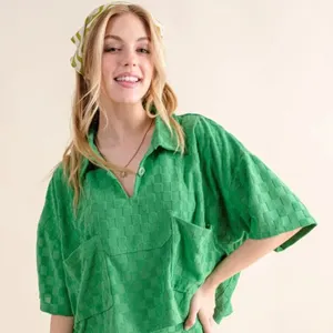 ✨NWT And The Why Brushed Texture‎ Checker Board Pattern Casual Top Green Size M thumbnail 1