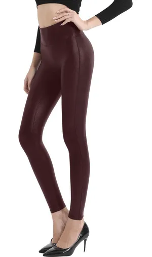 NWT‎ Retro Gong Faux Leather High Rise Leggings Wine Red Large thumbnail 1
