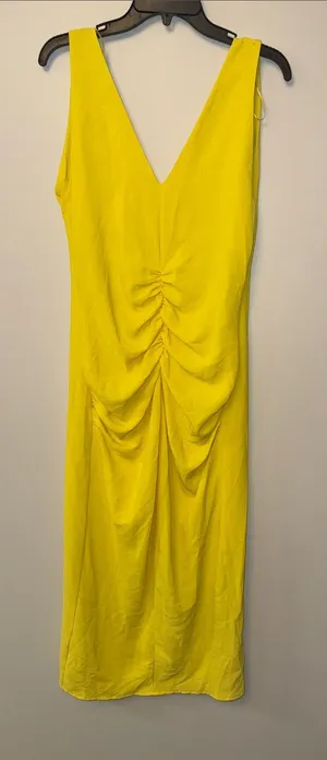 Zara V-Neck Yellow Ruched Midi Dress thumbnail 1