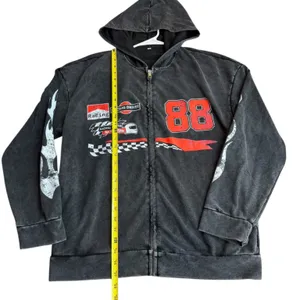 Tik‎ Tok Viral Racetrack Hoodie Sweatshirt Black Acid Wash Flame Motocore Size M thumbnail 4