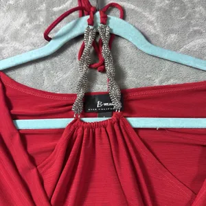 Y2K Red Halter Top Large Tie Neck Beaded Babydoll Tank Glam Embellished Date thumbnail 11
