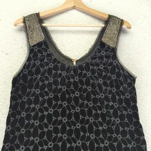 Free People Velvet Mini Dress Black‎ Floral Beaded Sleeves Size 6 Eyelet Flapper thumbnail 3
