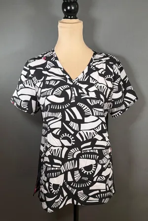 Koi Lite Scrub Top Womens M Black White Geometric V Neck Stretch 316PR thumbnail 1
