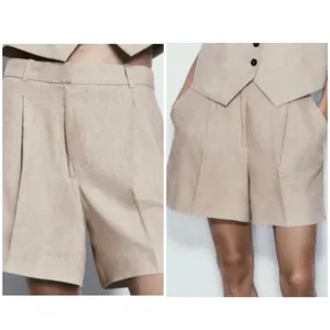 Zara High Rise Linen Blend Shorts Tan Beige Size XS Preppy Career Minimalist thumbnail 2